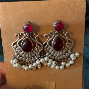 Elegant Silver and Red Stone Earrings with Pearls